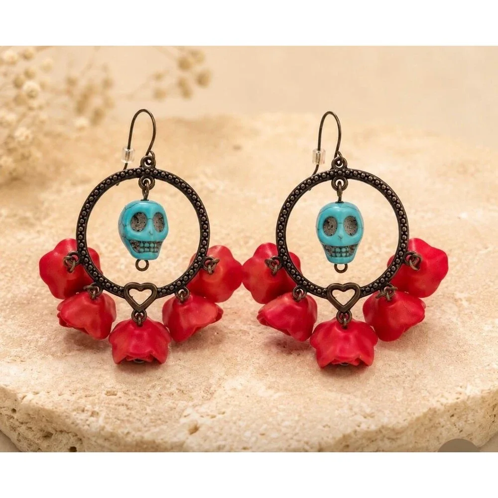 Vintage Skull Hoop Earrings Red Rose Turquoise Dangle Boho Gothic